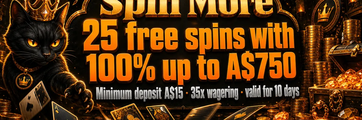 A mischievous black cat leaps across glowing playing cards and gemstones in a dark orange treasure chamber, promoting free spins with a clear CTA.
