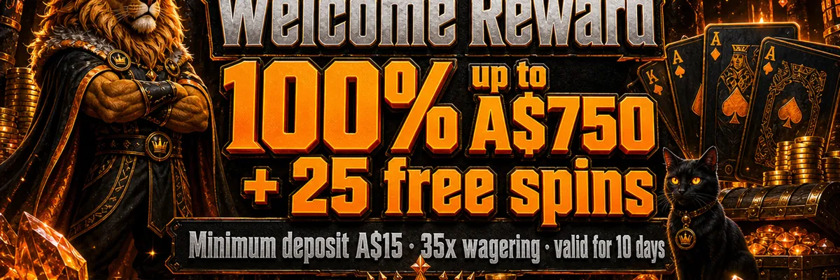 A fierce lion mascot guards a glowing crown and treasure hoard in an orange-lit cavern, with space for a welcome casino offer and CTA.